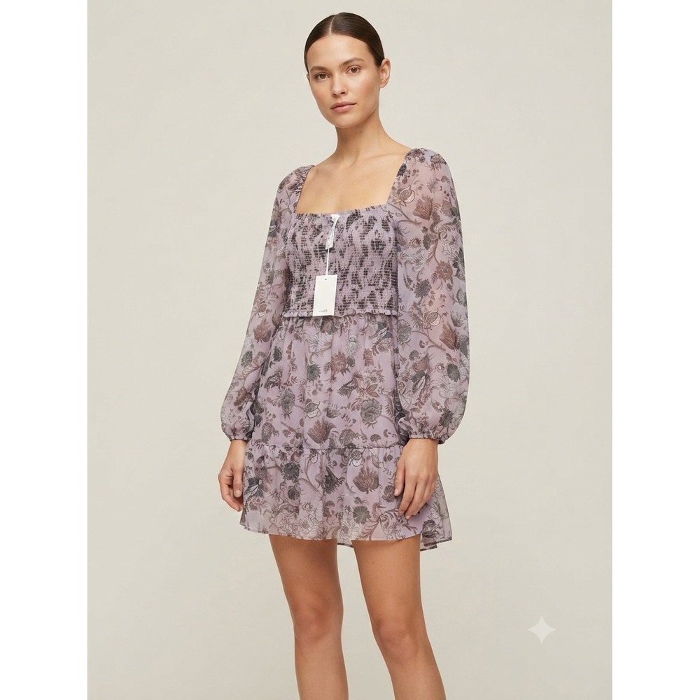 Wilfred Mini Dress Women Small Lilac Tempest Mini Floral Smocked Boho Chiffon